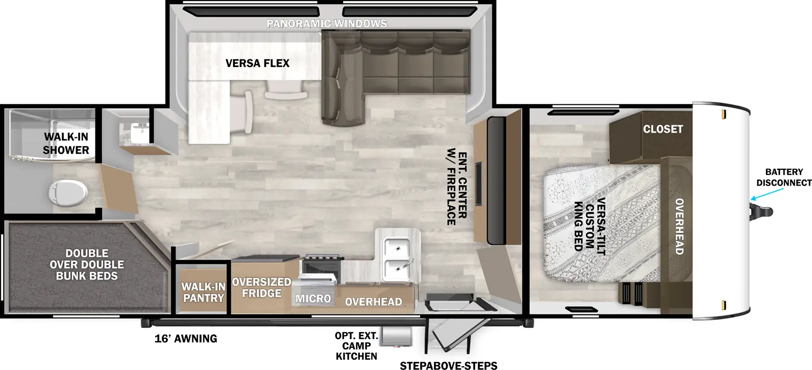 The Wildwood 28DBUD has one entry and one slide out. Exterior features include: metal or fiberglass exterior, 16' awning and outside kitchen. Interiors features include: bunk beds and front bedroom.